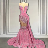 V-Neck Sequins Semi Formal Prom Dresses Mermaid Sleeveless Crystal.